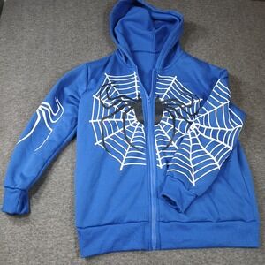 SHEIN Mens Blue Spider Web‎ Graphic Zip Up Hoodie Streetwear Small